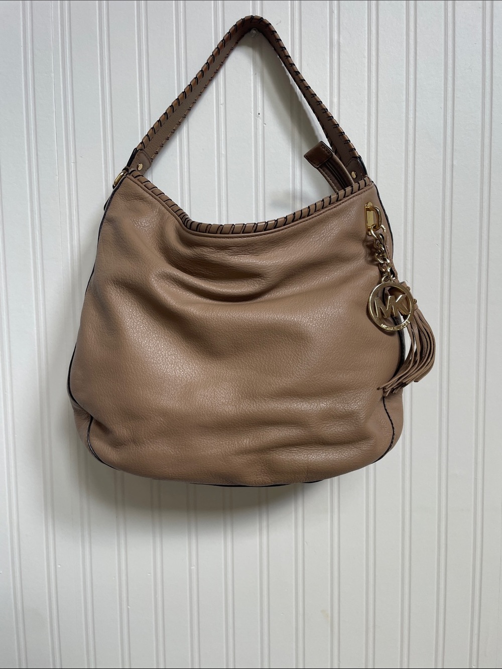 Michael Kors Beige Leather Hobo with Braided Strap & Tassel Charm